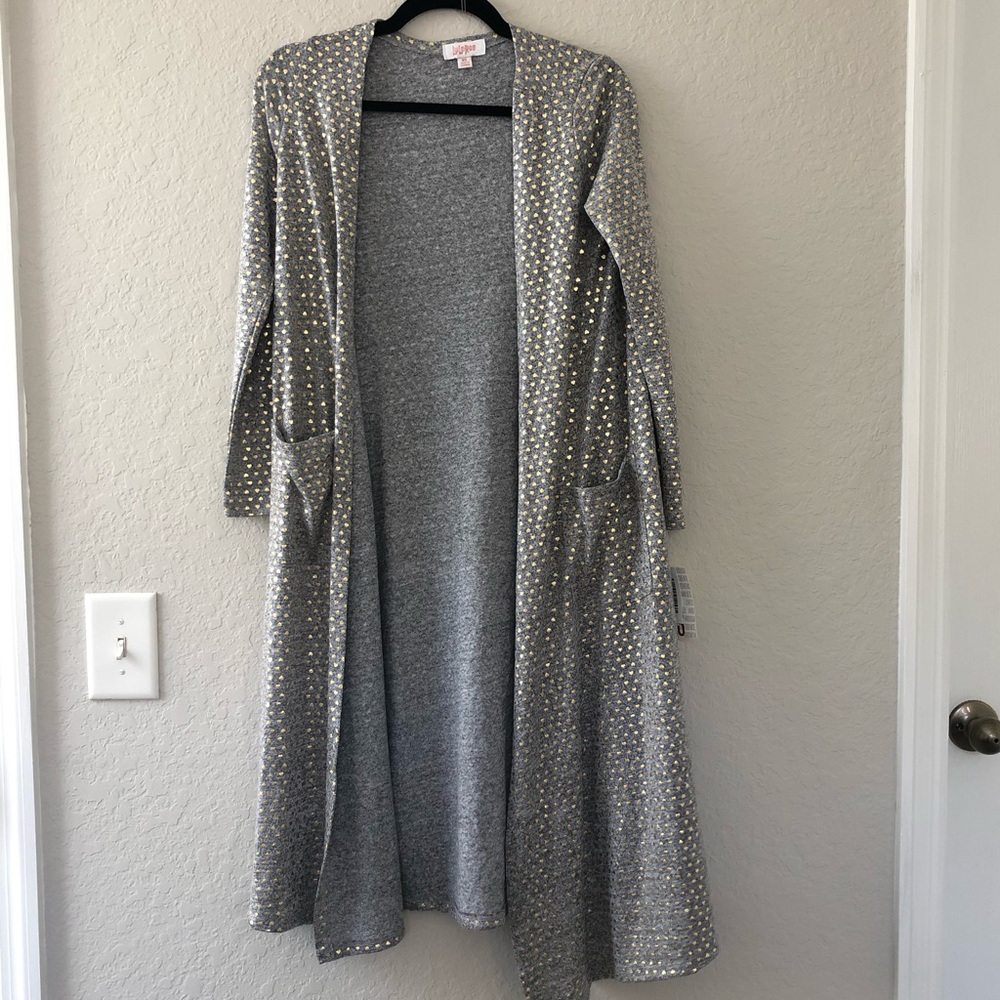 LuLaRoe Elegant Sarah Duster Cardigan Grey Gold Heart Pattern XS